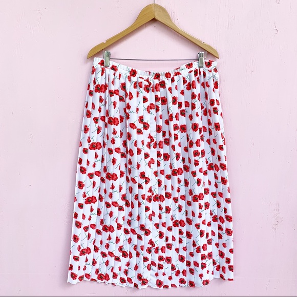 Vintage Dresses & Skirts - VTG 70s White & Red Poppy Floral Pleated Skirt XL